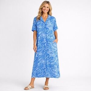 Blueginger Dress Womens XL Blue Floral Shirt Dress Long Rayon Button Collar